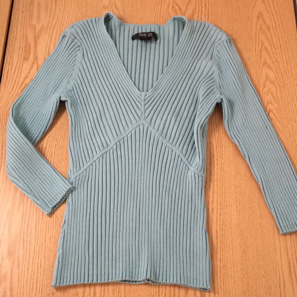 Womens Style & Co Silk Blend Vneck Ribbed Sweater Blue Size Petite Medium